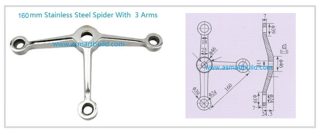 160mm Stainless Steel Glass Spider Fitting with 3 Arms; Glass Fitting Hardware, Point-Fixed Curtain Wall Hardware with High Quality and Best Price