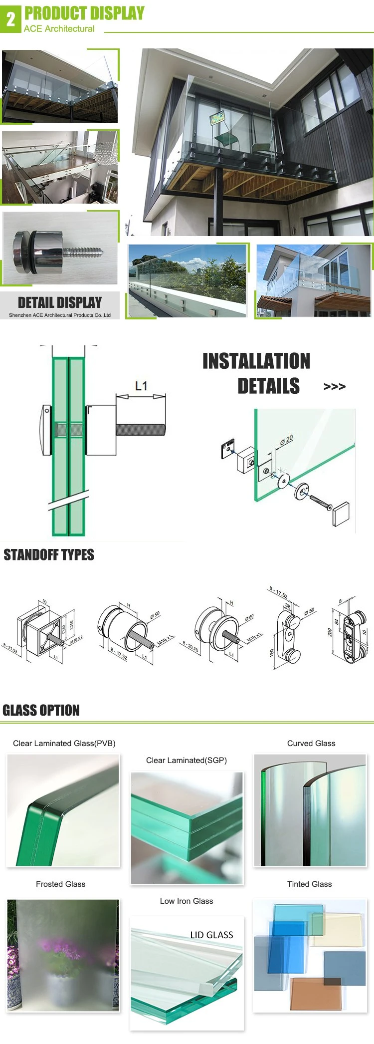 Side Mount Frameless Glass Railing/Fence System with Adjustable Stainless Steel Standoff